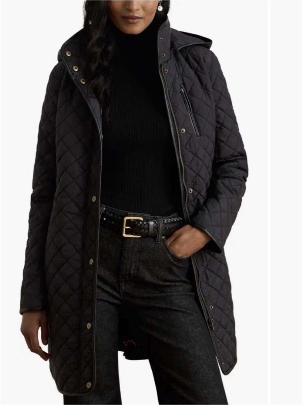 Ralph Lauren Quilted Hooded Raincoat in Black